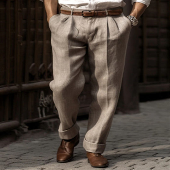 Herren Bundfalten-Leinenchino mit hohem Bund weitem Bein und klassischem Seitentaschenschnitt Shop Nory