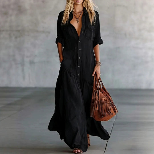 Damen Langes fließendes Hemdblusen-Maxikleid mit Knopfleiste, aufgesetzten Brusttaschen und seitlichen Eingrifftaschen Shop Nory