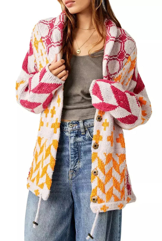 Damen Oversized Strickjacke mit Schalkragen und grafischem Muster Shop Nory