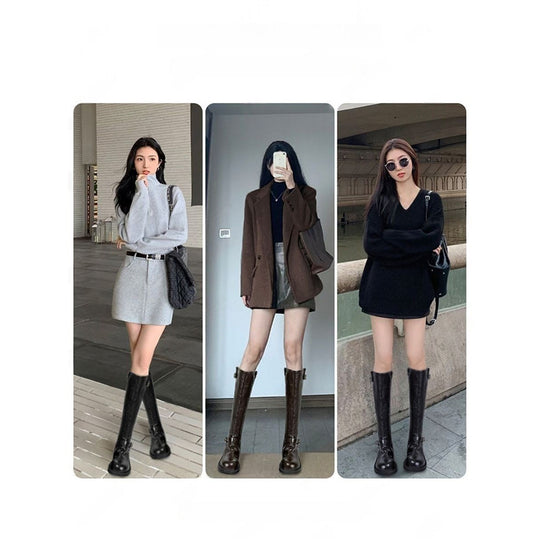 Damen Kniehohe Combat‑Stiefel mit glatter Lederoptik, seitlichem Reißverschluss und Deko‑Schnallen Shop Nory