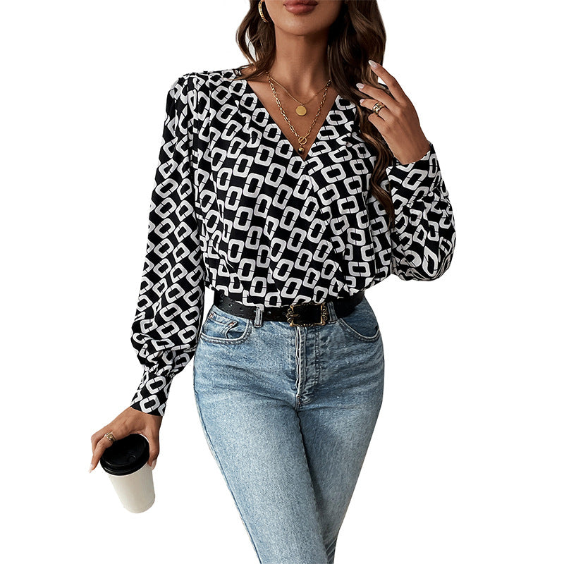 Damen Grafisch gemusterte Viskose-Bluse mit V-Ausschnitt, Wickel-Optik und Ballonärmeln Shop Nory