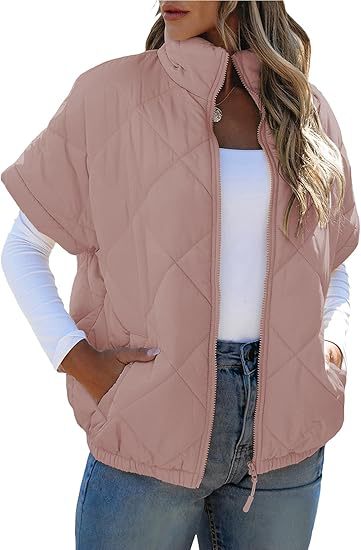 Damen Kurzärmelige gesteppte Weste mit Stehkragen, Reißverschluss und Eingrifftaschen Shop Nory