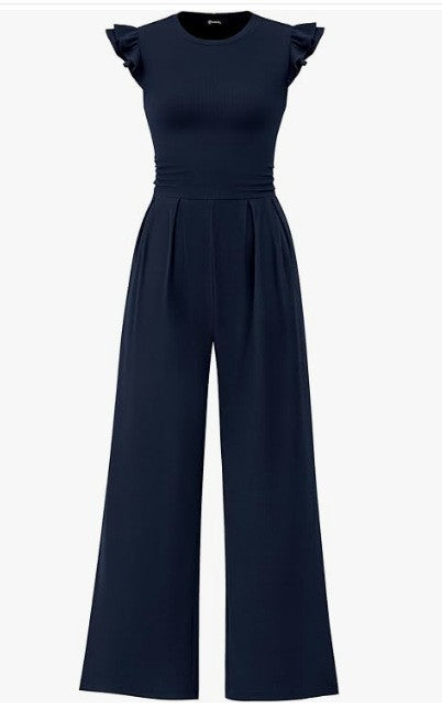 Damen eleganter Jumpsuit mit Puffärmeln und weitem Bein