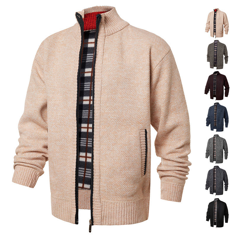 Herren gebürstete Strickjacke mit kariertem Thermofutter und Stehkragen Shop Nory