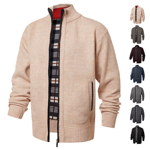 Herren gebürstete Strickjacke mit kariertem Thermofutter und Stehkragen Shop Nory