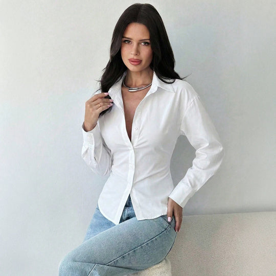 Damen taillierte gestreifte Bluse mit Kentkragen und voluminösen Ärmeln Shop Nory