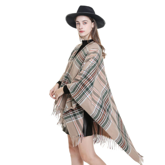 Damen Oversize-Wickelruana im Blockkaro mit Fransen-Detail Shop Nory