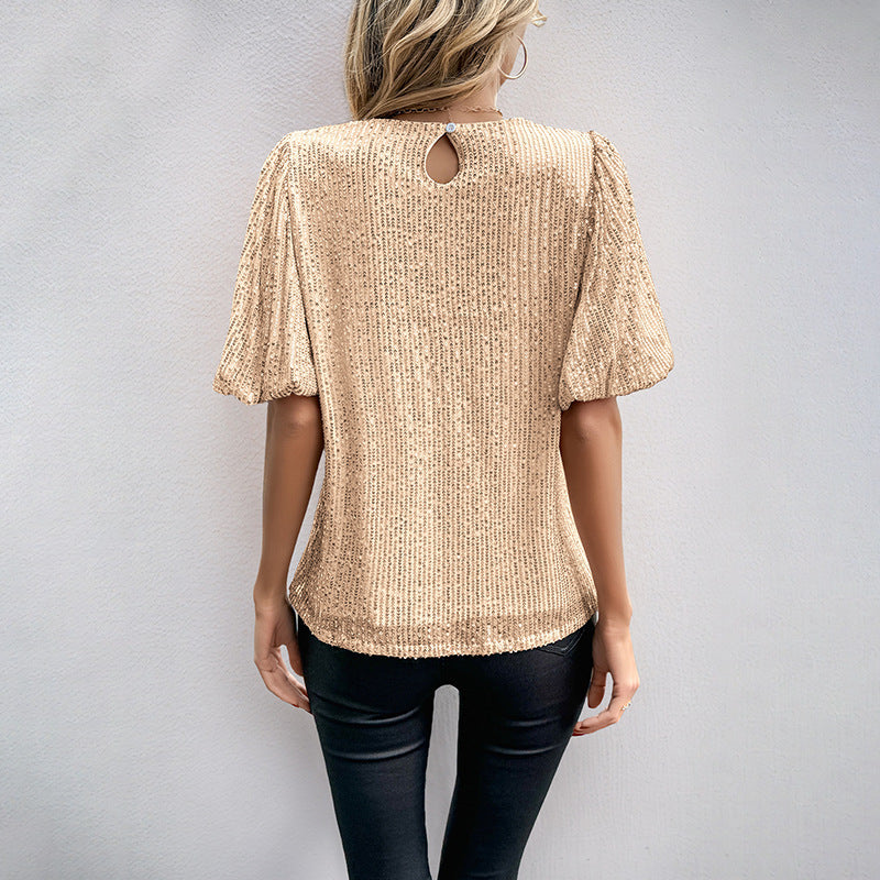 Damen Glänzendes Feinstrick-Shirt mit gerafften Puffärmeln und Rundhalsausschnitt Shop Nory