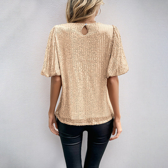 Damen Glänzendes Feinstrick-Shirt mit gerafften Puffärmeln und Rundhalsausschnitt Shop Nory