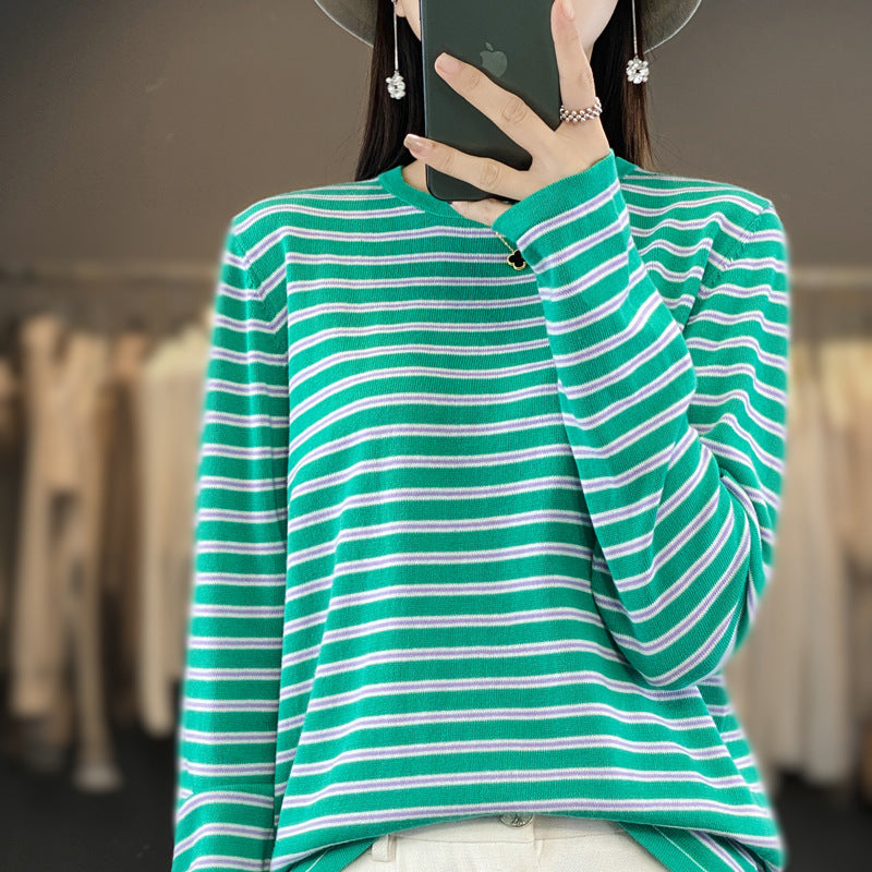 Damen Leichter Baumwollmix-Streifenpullover mit Rundhals, Raglanärmeln und lässiger Silhouette Shop Nory