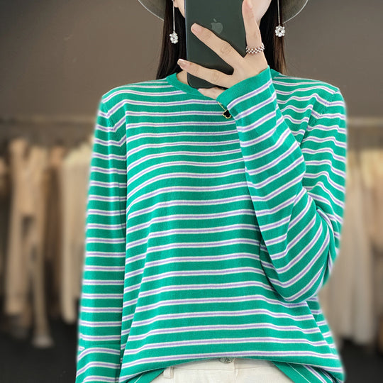 Damen Leichter Baumwollmix-Streifenpullover mit Rundhals, Raglanärmeln und lässiger Silhouette Shop Nory