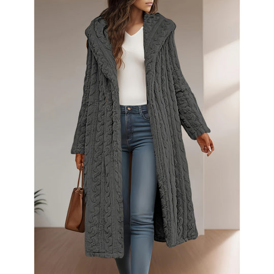 Damen Langer Kapuzen-Teddy-Mantel mit Zopfstrick-Optik Shop Nory