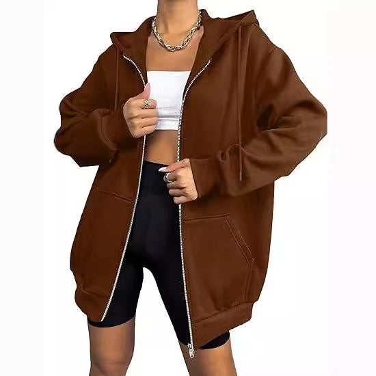Damen nan oversized Zip-Kapuzenjacke mit kontrastierendem Reißverschluss, doppellagiger Kapuze und Kängurutasche Shop Nory