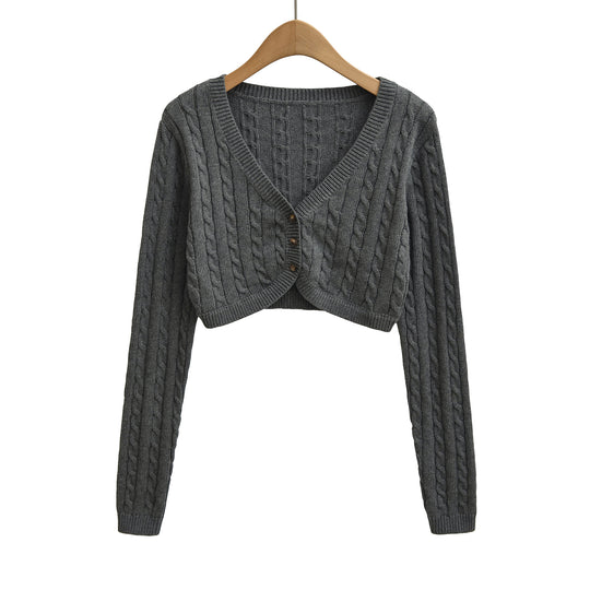 Damen Kurzgeschnittener Zopfstrick-Cardigan mit V‑Ausschnitt und Knopfleiste Shop Nory