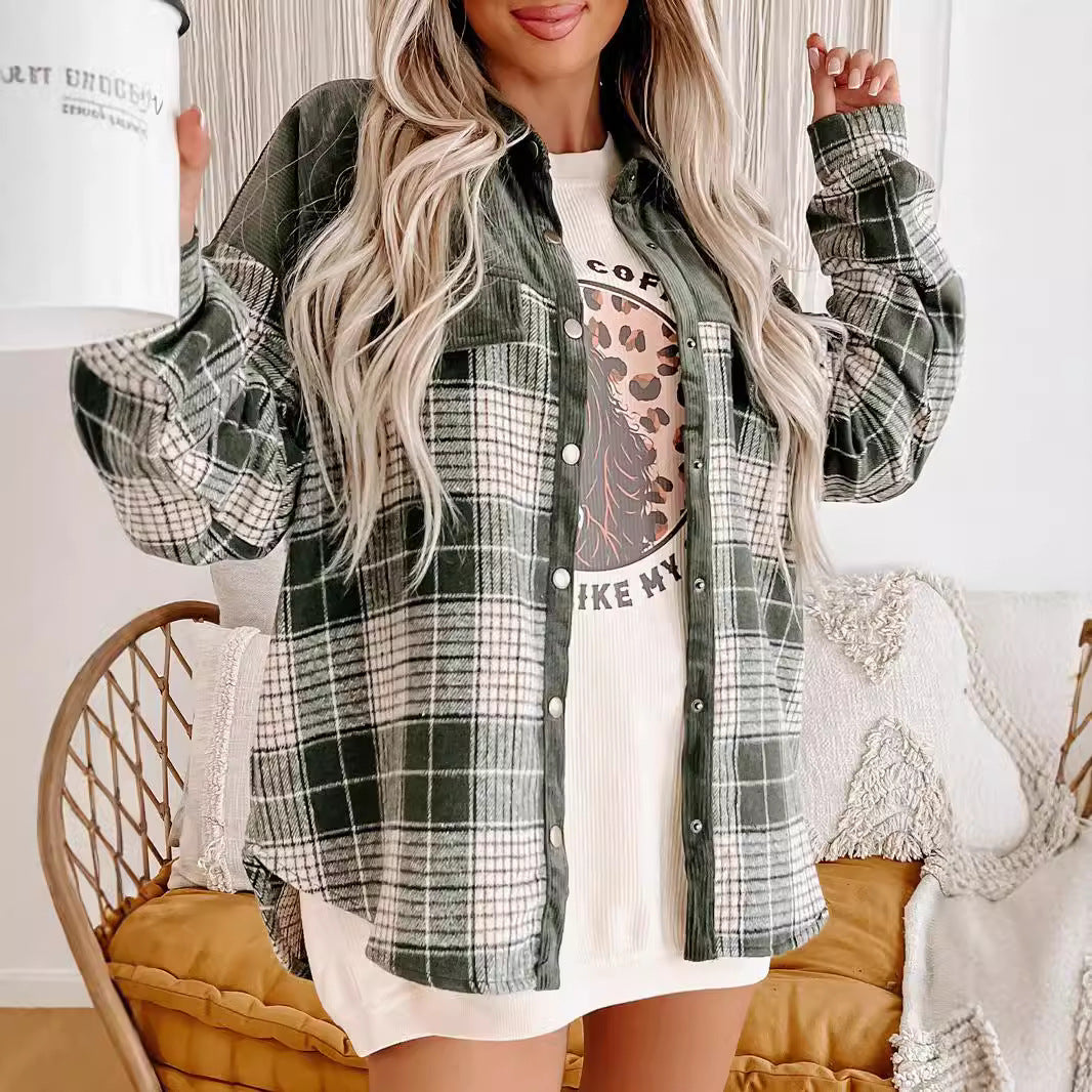 Damen Oversize karierte Hemdjacke mit Cordbesatz und Druckknöpfen Shop Nory