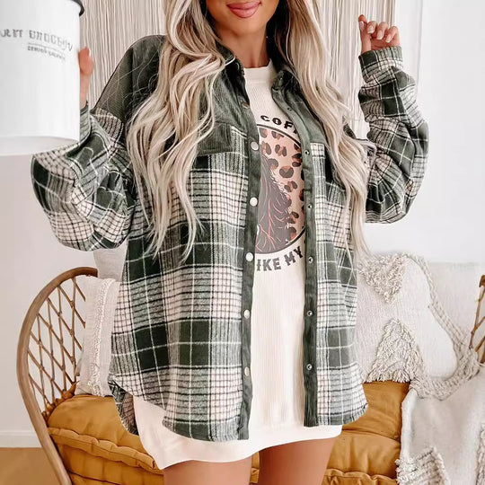 Damen Oversize karierte Hemdjacke mit Cordbesatz und Druckknöpfen Shop Nory