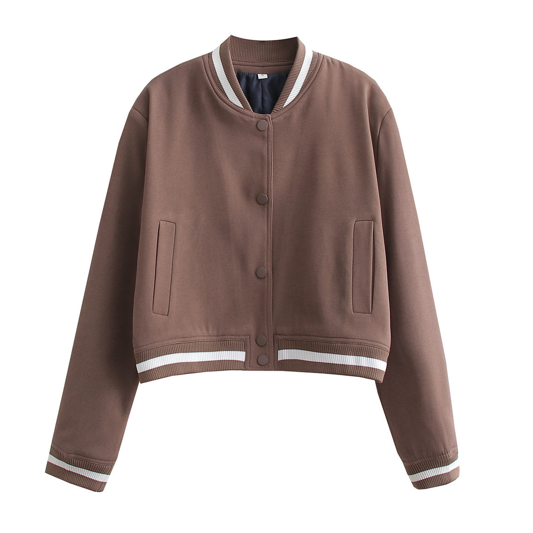 Damen Kurz geschnittene Collegejacke mit Rippbündchen und Druckknöpfen Shop Nory