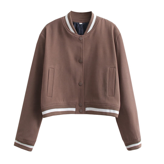 Damen Kurz geschnittene Collegejacke mit Rippbündchen und Druckknöpfen Shop Nory