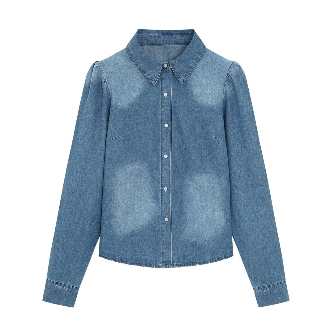 Damen Denim-Hemdbluse mit leichtem Puffärmel und klassischem Hemdkragen Shop Nory