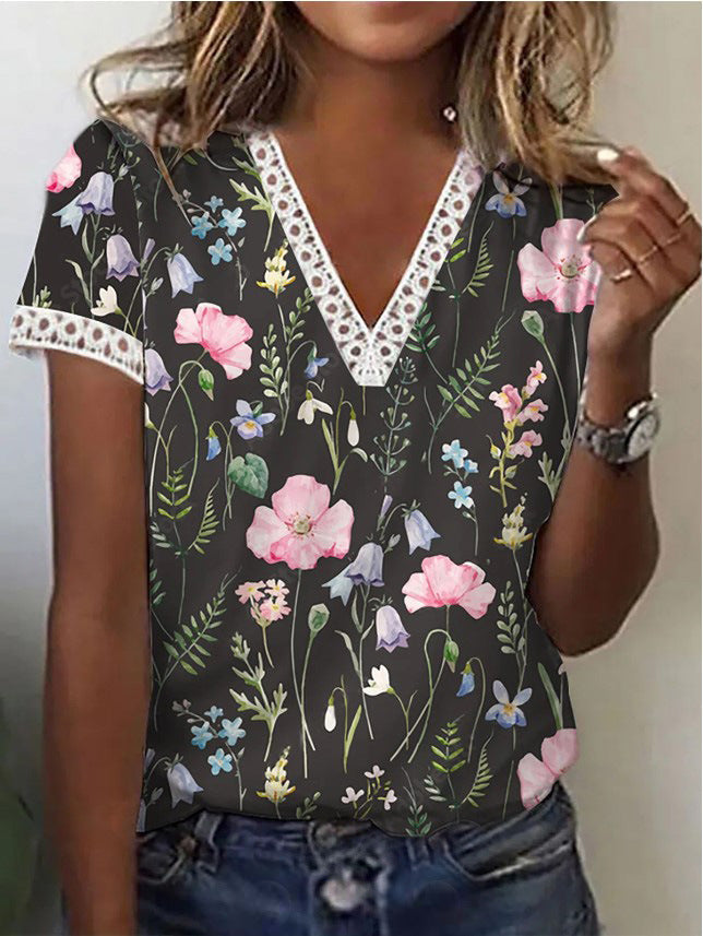 Elegantes T-Shirt mit Kurzen Ärmeln und V-Ausschnitt Print für Damen