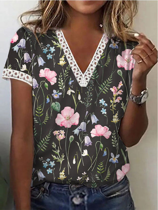 Elegantes T-Shirt mit Kurzen Ärmeln und V-Ausschnitt Print für Damen