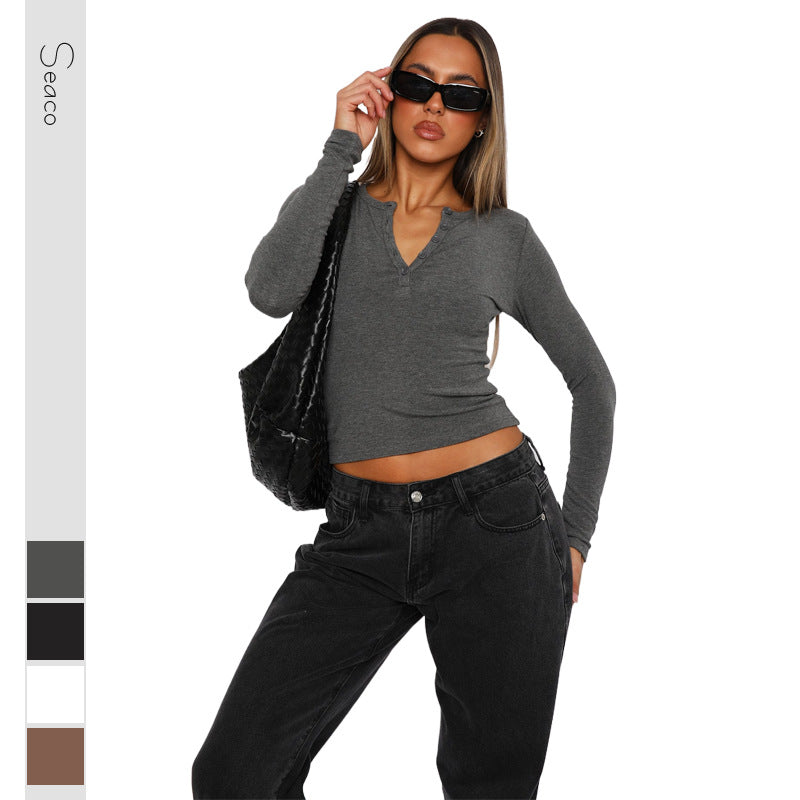Damen Geripptes Langarm-Henley-Cropped-Shirt Shop Nory