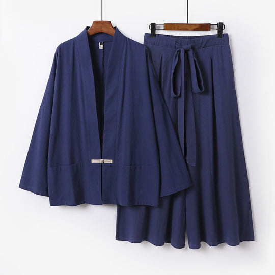 Damen Zen-inspiriertes Kimono-Set aus fließender Viskose mit kurzer Jacke und weiter Culotte-Hose Shop Nory