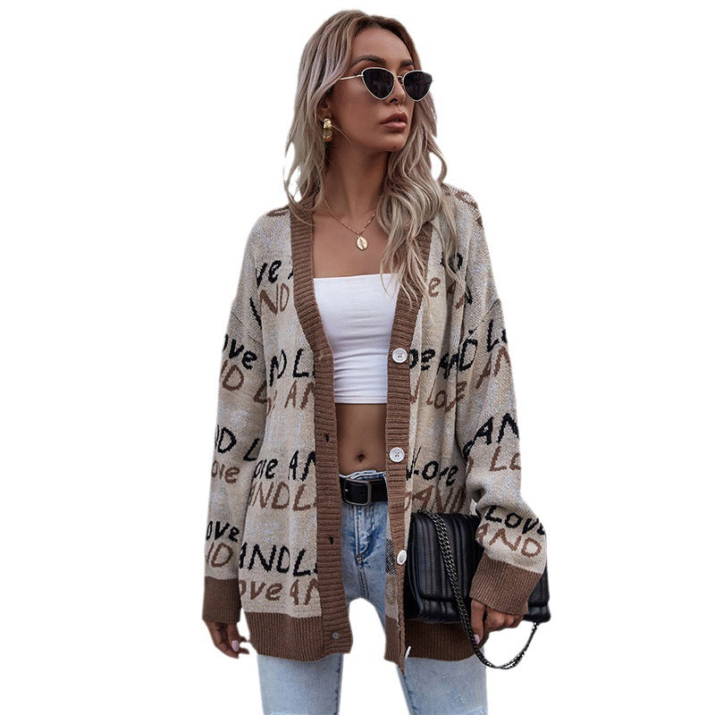 Damen Oversize-Strickcardigan mit Jacquard-Textmuster, V‑Ausschnitt & Knopfleiste Shop Nory
