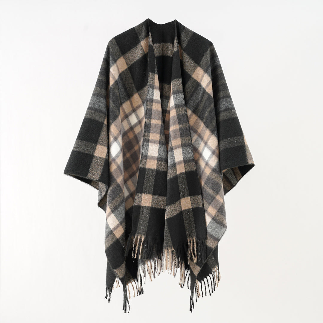 Damen Oversize karierter Wollponcho mit Fransen Shop Nory