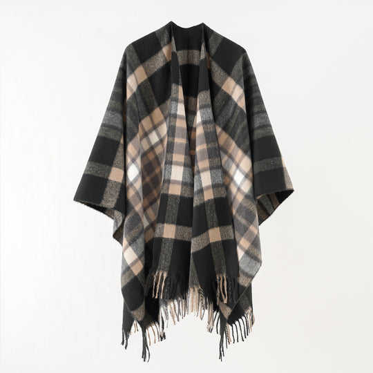 Damen Oversize karierter Wollponcho mit Fransen Shop Nory