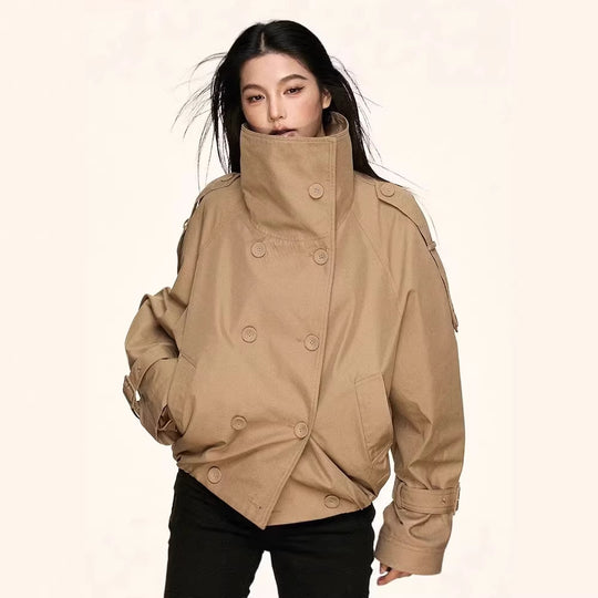 Damen Oversized Doppelreihige Trench-Bomberjacke mit hohem Stehkragen Shop Nory