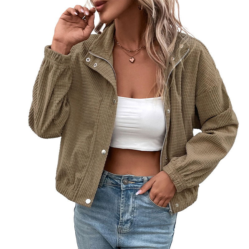 Damen Kurz geschnittene Waffelstruktur-Jacke mit Stehkragen und Reißverschluss Shop Nory