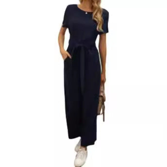 Damen Jumpsuit mit Bindegürtel und weitem Bein
