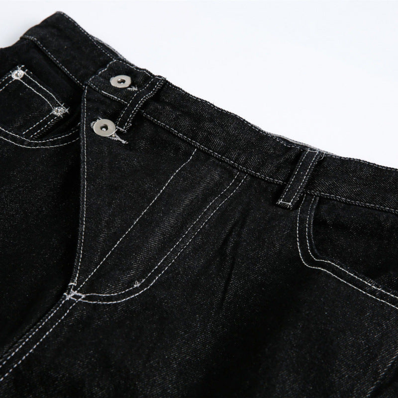 Damen Weite High‑Waist Denim-Jeans mit asymmetrischer Knopfleiste und Kontrastnähten Shop Nory
