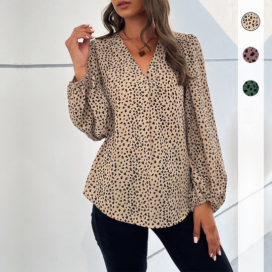 Damen Leichte Viskose-Bluse mit V‑Ausschnitt, elastischen Manschetten und Animal‑Print Shop Nory