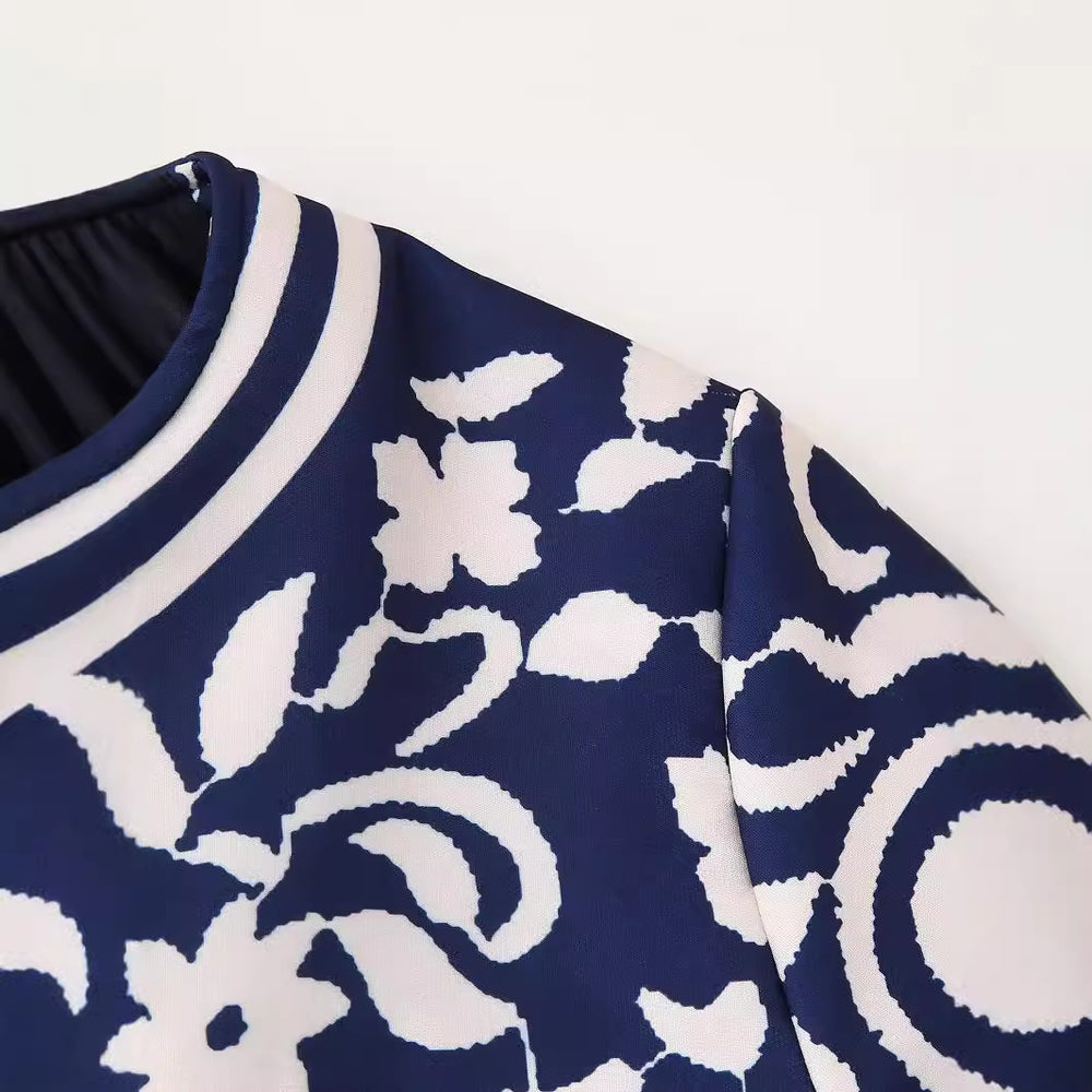 Damen Leichte Blousonjacke im floralen Muster mit Rundhals, Balloonärmeln und kontrastierenden Streifen Shop Nory