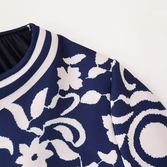 Damen Leichte Blousonjacke im floralen Muster mit Rundhals, Balloonärmeln und kontrastierenden Streifen Shop Nory