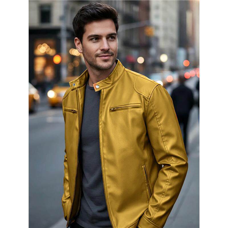 Herren Biker‑Style Kunstlederjacke mit Stehkragen und Reißverschlusstaschen Shop Nory