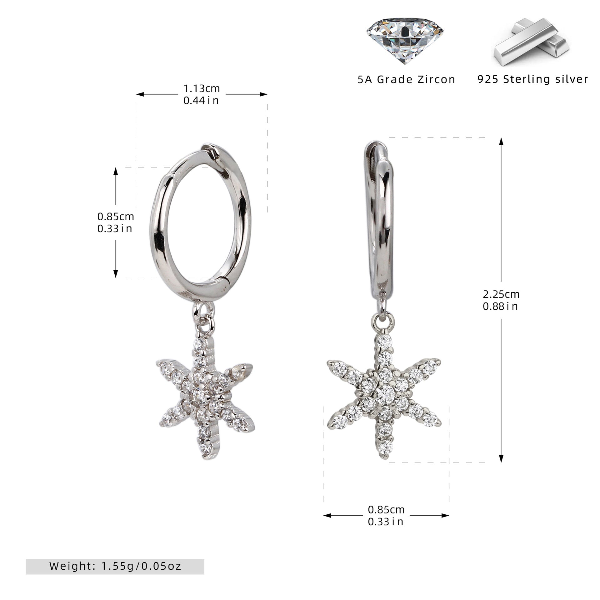Damen Ohrringe mit funkelnden Zirkon-Stern-Anhängern aus 925 Sterling Silber Shop Nory