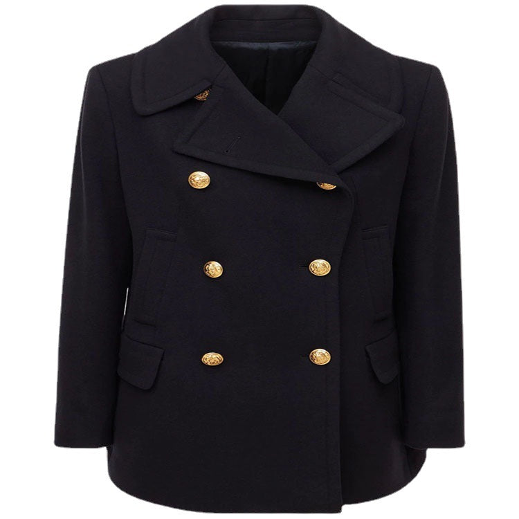 Damen Kurzer Zweireihiger Wollmix-Peacoat mit goldenen Zierrundknöpfen und taillierter Silhouette Shop Nory