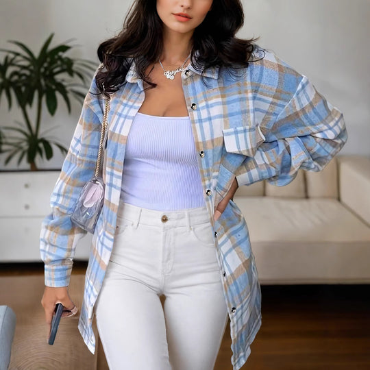 Damen Oversized Karo‑Hemdmantel mit Brusttaschen und durchgehender Knopfleiste Shop Nory