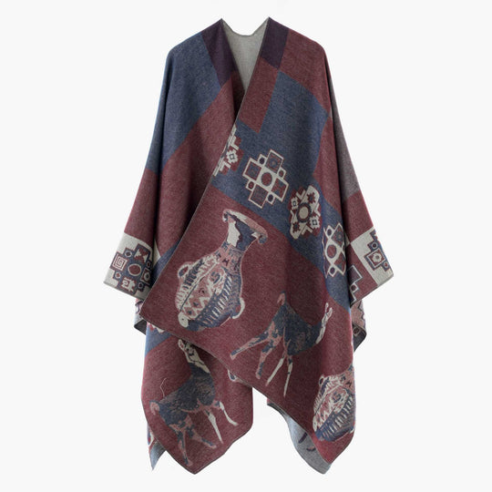 Damen Jacquard‑Strickponcho mit Ethno‑Tiermotiven und offenem Kimono‑Schnitt Shop Nory