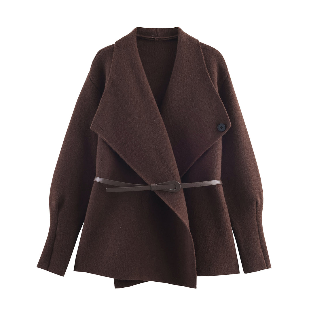 Damen Kurzgeschnittener Wollmix-Cardigan-Mantel mit weitem Schalkragen und schmalem Bindegürtel Shop Nory