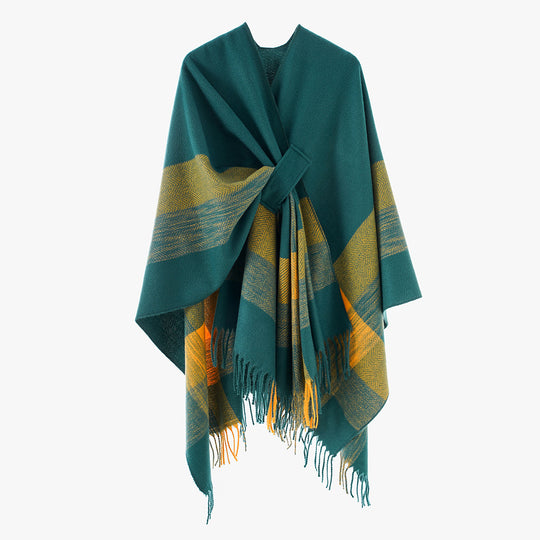 Damen Cape‑Poncho aus Wollmix mit Schlitzgürtel, geometrischem Jacquard und Fransensaum Shop Nory