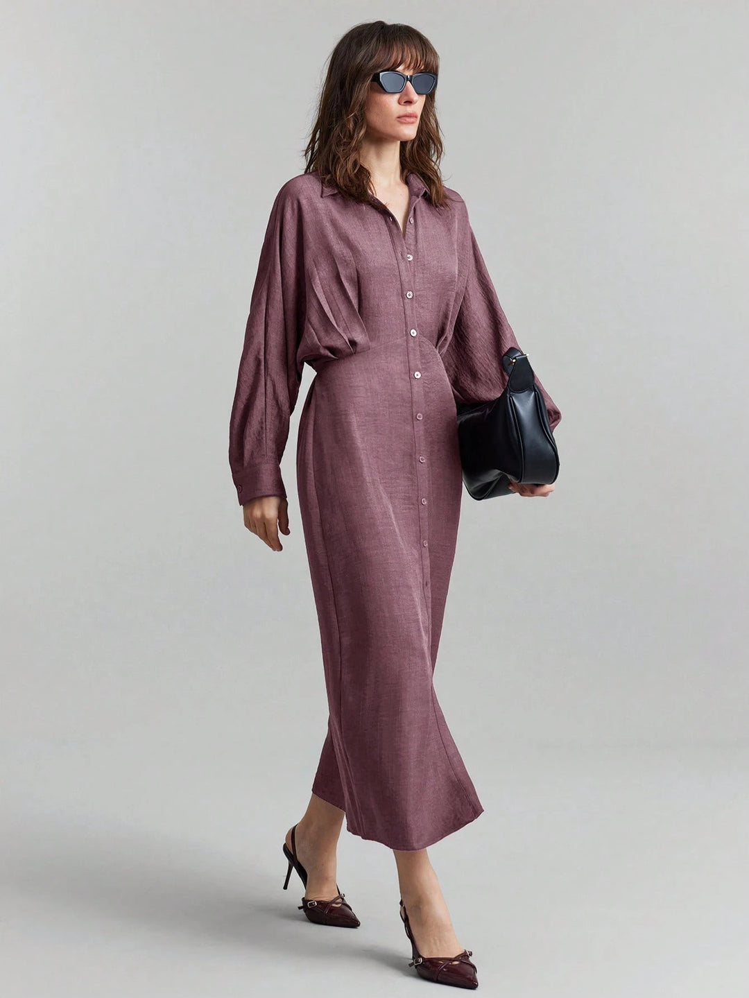 Damen Leinen-Maxikleid mit Hemdkragen, durchgehender Knopfleiste und Fledermausärmeln Shop Nory