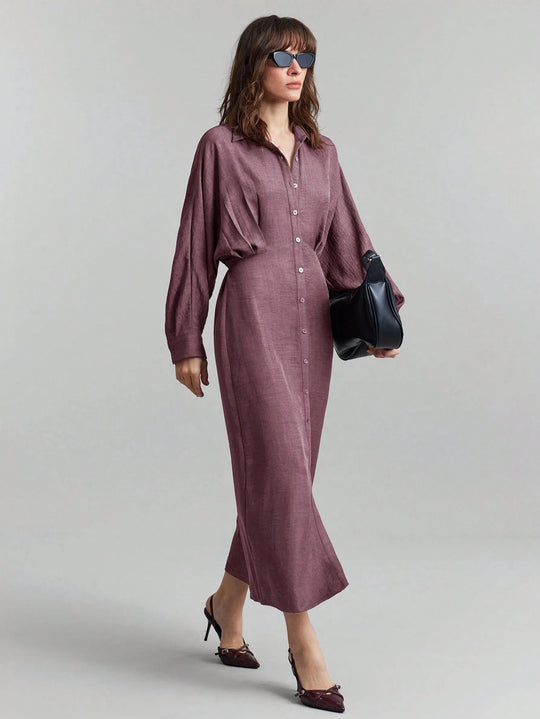 Damen Leinen-Maxikleid mit Hemdkragen, durchgehender Knopfleiste und Fledermausärmeln Shop Nory