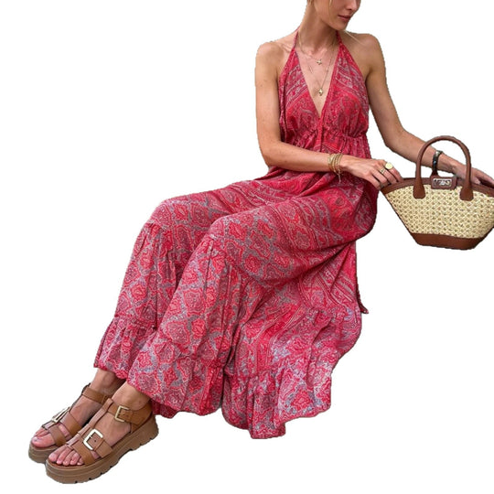Damen Boho-Maxikleid mit Nackenband, Rückenfreiem Schnitt und Volant Shop Nory