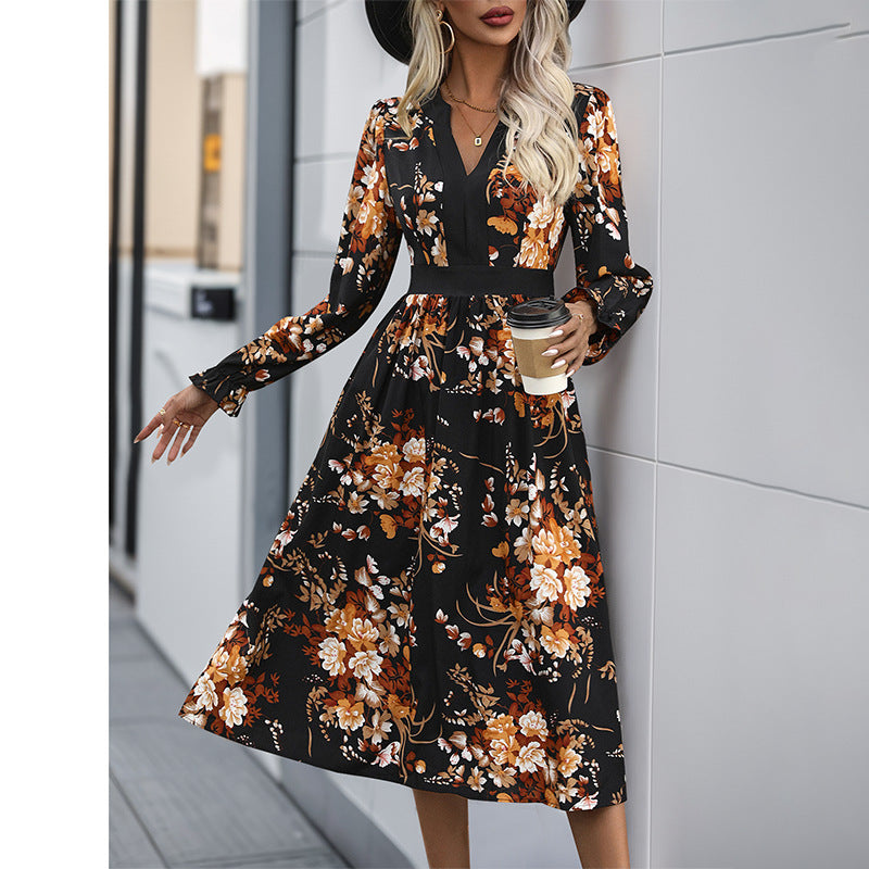 Damen Midikleid mit tailliertem Bund, V‑Ausschnitt, langen Ärmeln und floralem Allover‑Print Shop Nory