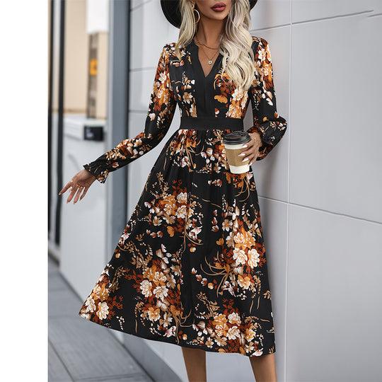 Damen Midikleid mit tailliertem Bund, V‑Ausschnitt, langen Ärmeln und floralem Allover‑Print Shop Nory