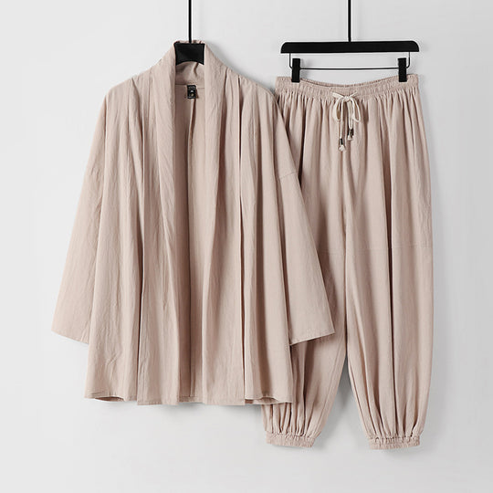 Unisex Entspanntes Kimono-Zweiteiler aus Baumwollmusselin mit Schalkragenjacke und geraffter Knöchelhose Shop Nory